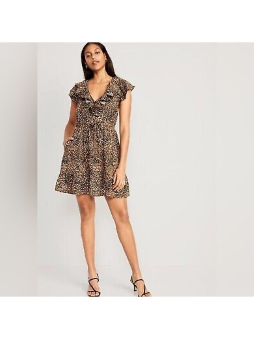 Old Navy Waist-Defined Flutter Neckline Leopard Print Mini Mobwife Dress L